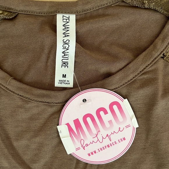 Women’s Medium Zenana Signature Mocha Lace Sleeve Blouse - Picture 2 of 5